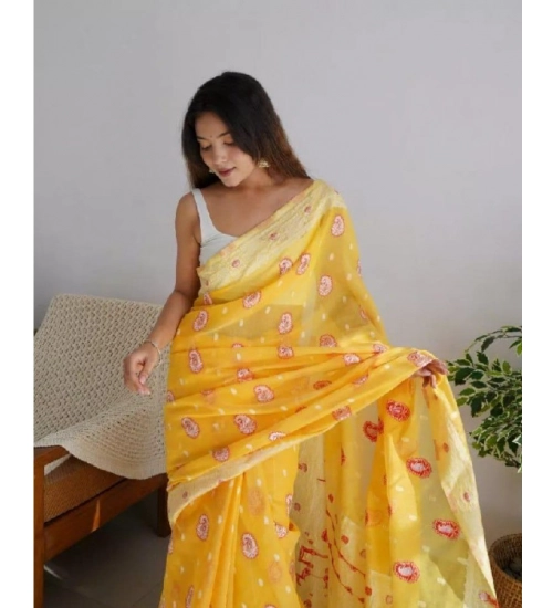 Generic Women's Cotton  Printed Saree With Unstitched Blouse 5.5Mtr (Yellow)