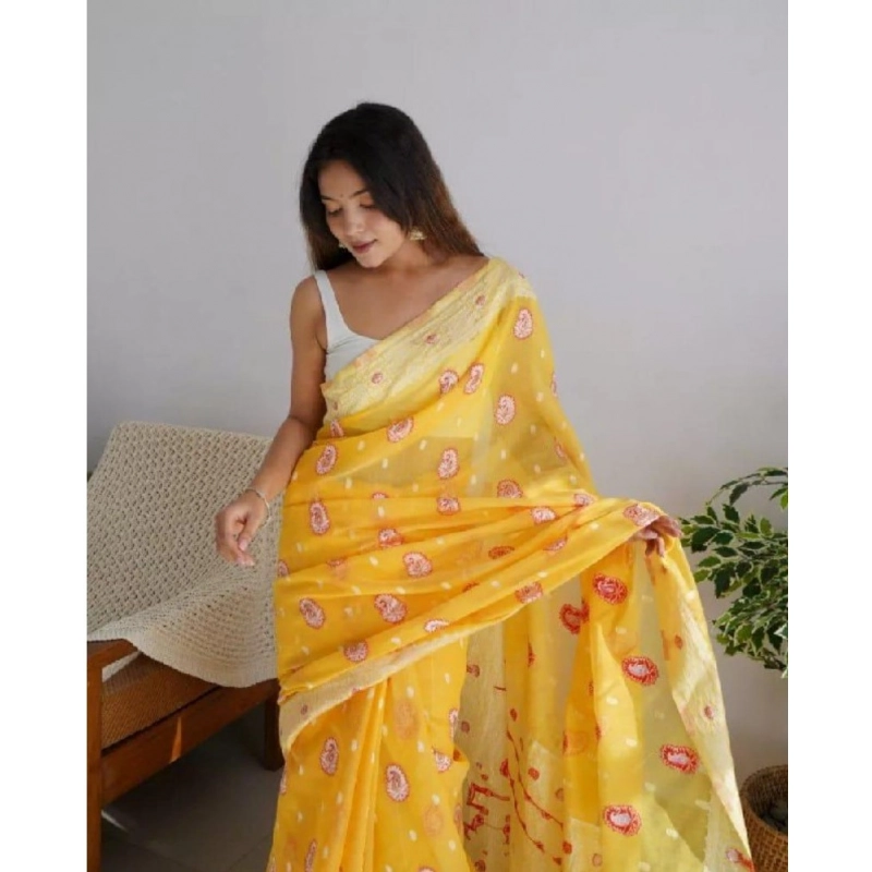 Women's Cotton  Printed Saree With Unstitched Blouse 5.5Mtr (Yellow)