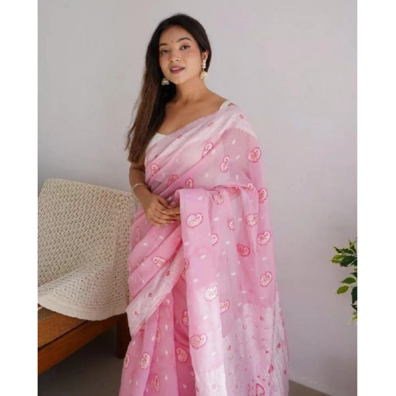 Women's Cotton  Printed Saree With Unstitched Blouse 5.5Mtr (Pink)