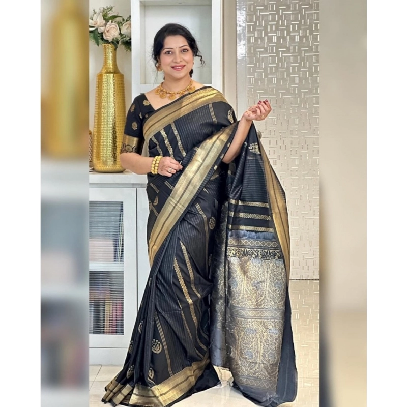Women's Silk Printed Saree With Unstitched Blouse 5.5Mtr (Black)