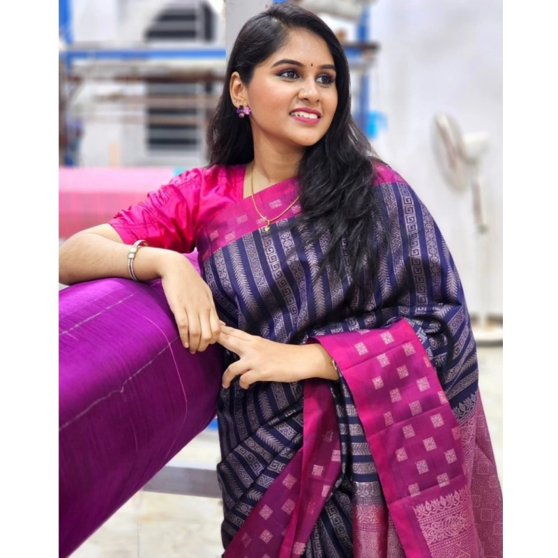 Women's Silk Printed Saree With Unstitched Blouse 5.5Mtr (Navy Blue)