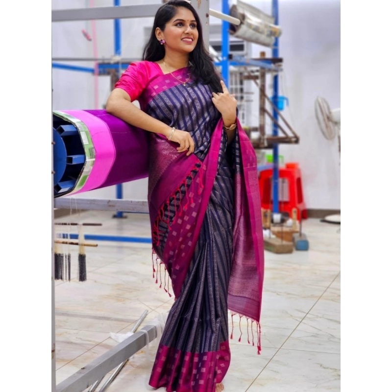 Women's Silk Printed Saree With Unstitched Blouse 5.5Mtr (Navy Blue)
