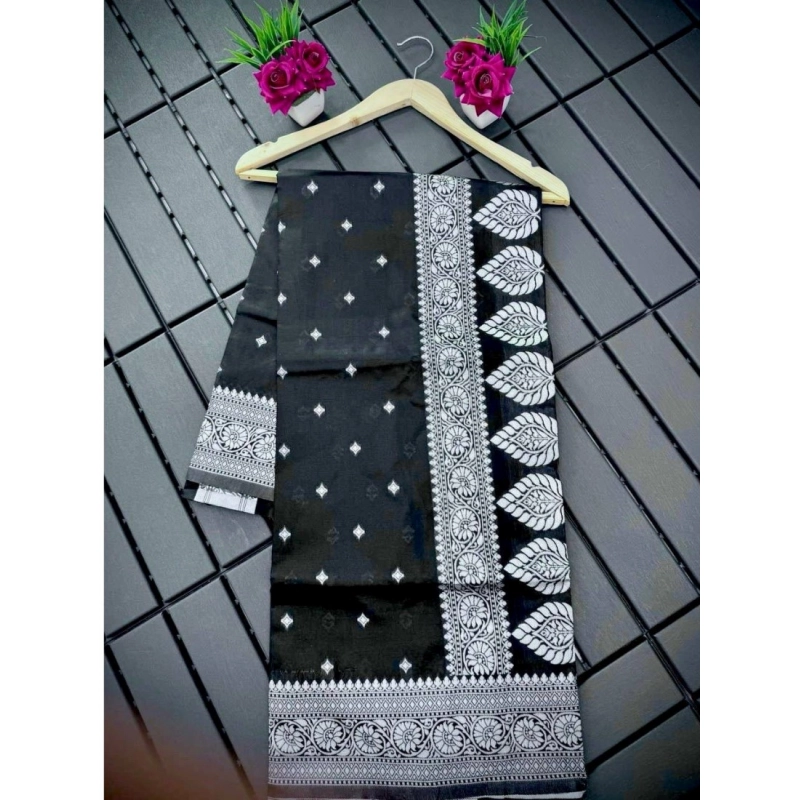 Women's Silk Printed Saree With Unstitched Blouse 5.5Mtr (Black)