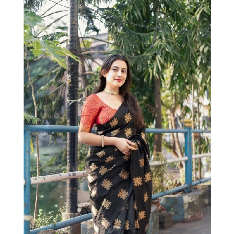 Women's Silk Printed Saree With Unstitched Blouse 5.5Mtr (Blacl-Orange) Women's Silk Printed Saree With Unstitched Blouse 5.5Mtr (Blacl-Orange)