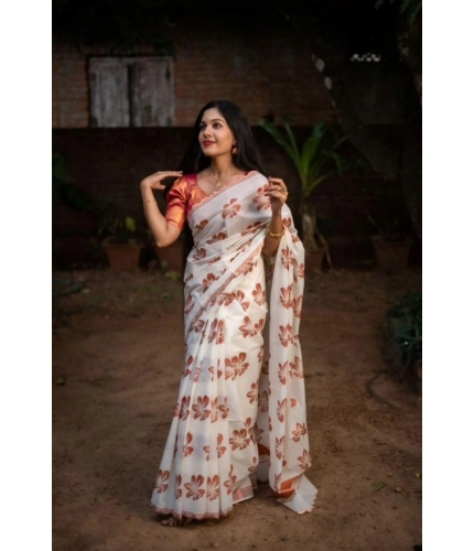 Generic Women's Silk Printed Saree With Unstitched Blouse 5.5Mtr (White-Orange)