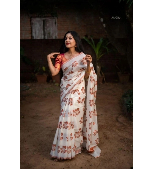 Generic Women's Silk Printed Saree With Unstitched Blouse 5.5Mtr (White-Orange)