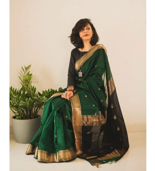 Generic Women's Silk Printed Saree With Unstitched Blouse 5.5Mtr (Dark Green)