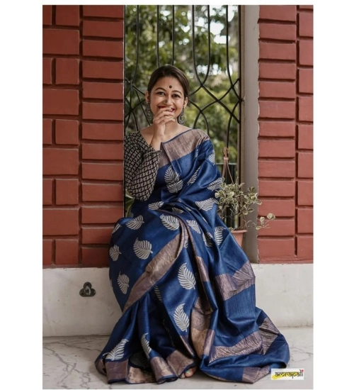 Generic Women's Silk Printed Saree With Unstitched Blouse 5.5Mtr (Navy Blue)