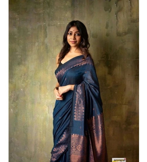 Generic Women's Silk Printed Saree With Unstitched Blouse 5.5Mtr (Navy Blue)