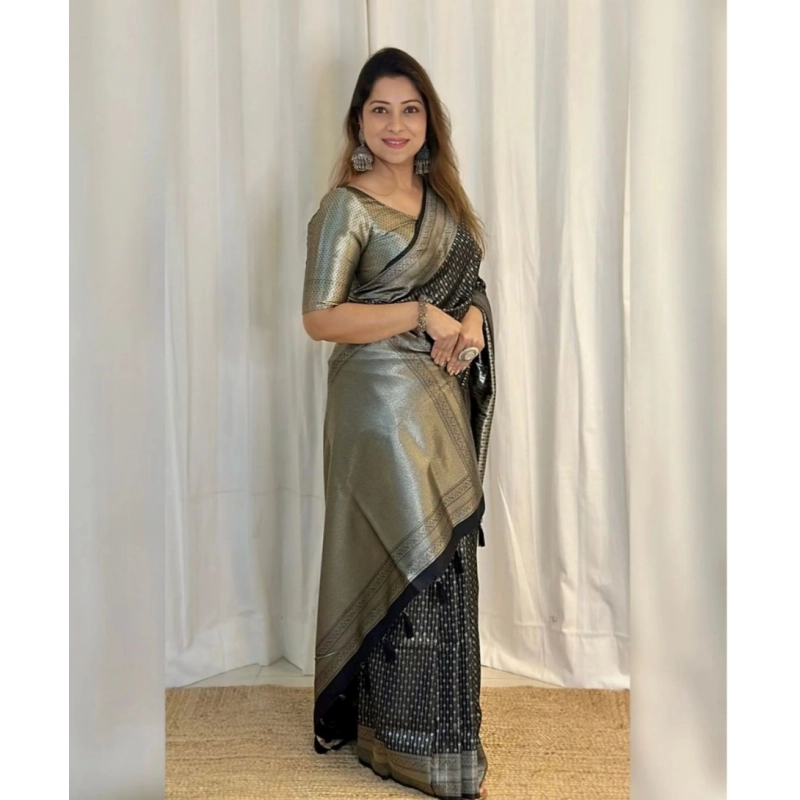 Women's Silk Printed Saree With Unstitched Blouse 5.5Mtr (Black)