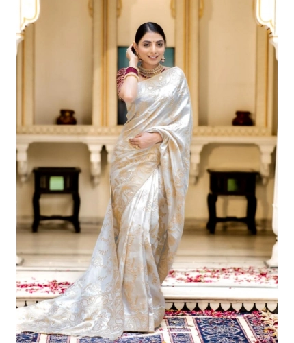 Generic Women's Silk Printed Saree With Unstitched Blouse 5.5Mtr (White)