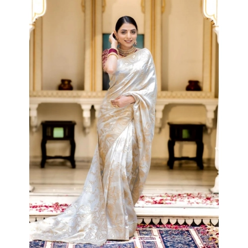 Women's Silk Printed Saree With Unstitched Blouse 5.5Mtr (White) Women's Silk Printed Saree With Unstitched Blouse 5.5Mtr (White)