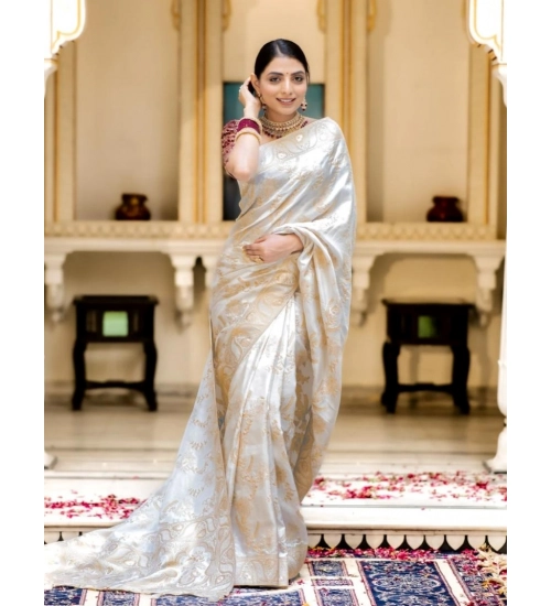 Generic Women's Silk Printed Saree With Unstitched Blouse 5.5Mtr (White)