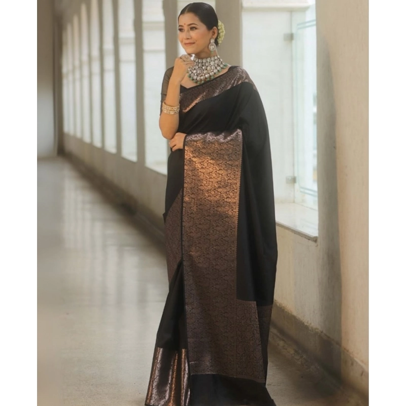 Women's Silk Printed Saree With Unstitched Blouse 5.5Mtr (Black)