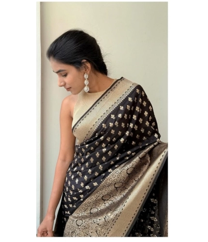 Generic Women's Silk Printed Saree With Unstitched Blouse 5.5Mtr (Black)