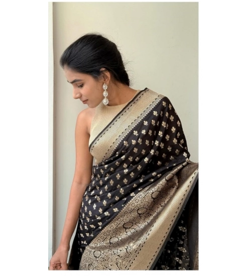 Generic Women's Silk Printed Saree With Unstitched Blouse 5.5Mtr (Black)