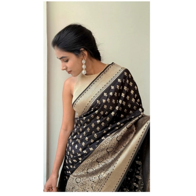 Women's Silk Printed Saree With Unstitched Blouse 5.5Mtr (Black)