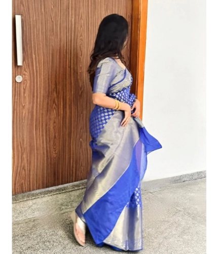 Generic Women's Silk Printed Saree With Unstitched Blouse 5.5Mtr (Royal Blue)