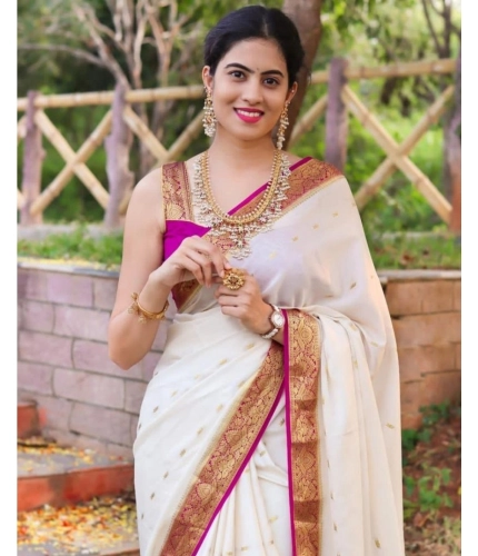 Generic Women's Silk Printed Saree With Unstitched Blouse 5.5Mtr (White)