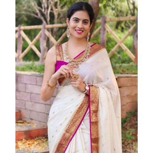 Women's Silk Printed Saree With Unstitched Blouse 5.5Mtr (White) Women's Silk Printed Saree With Unstitched Blouse 5.5Mtr (White)