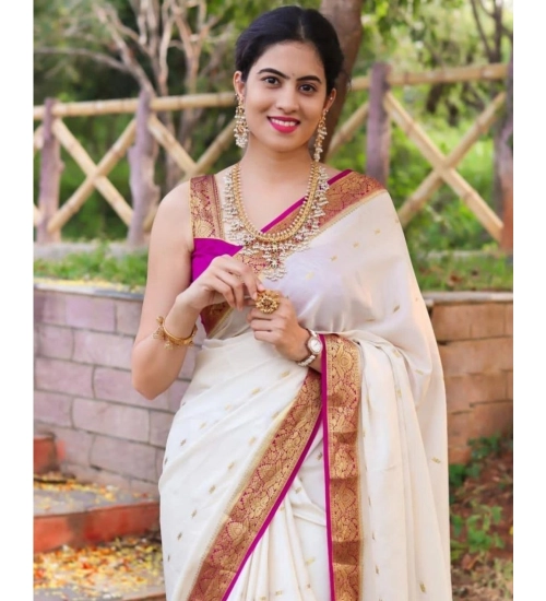 Generic Women's Silk Printed Saree With Unstitched Blouse 5.5Mtr (White)