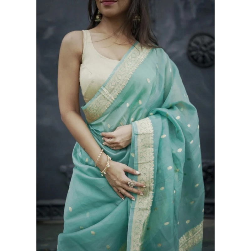 Women's Cotton  Printed Saree With Unstitched Blouse 5.5Mtr (Sky)