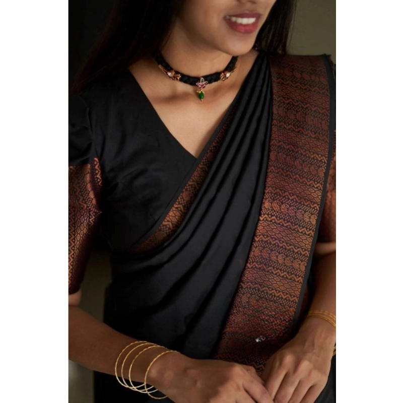Women's Silk Printed Saree With Unstitched Blouse 5.5Mtr (Black)
