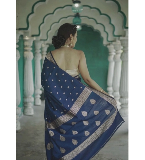 Generic Women's Cotton  Printed Saree With Unstitched Blouse 5.5Mtr (Navy Blue)