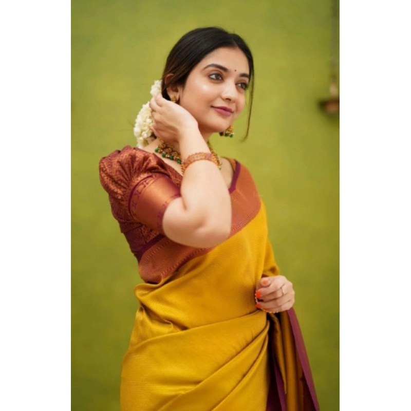 Women's Silk Printed Saree With Unstitched Blouse 5.5Mtr (Yellow)