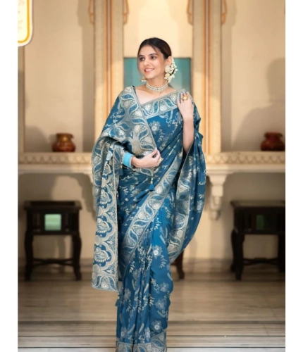 Generic Women's Silk Printed Saree With Unstitched Blouse 5.5Mtr (Teal Blue)