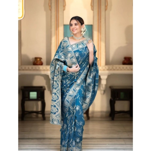 Women's Silk Printed Saree With Unstitched Blouse 5.5Mtr (Teal Blue) Women's Silk Printed Saree With Unstitched Blouse 5.5Mtr (Teal Blue)