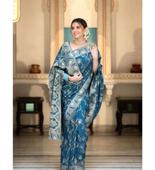 Generic Women's Silk Printed Saree With Unstitched Blouse 5.5Mtr (Teal Blue)