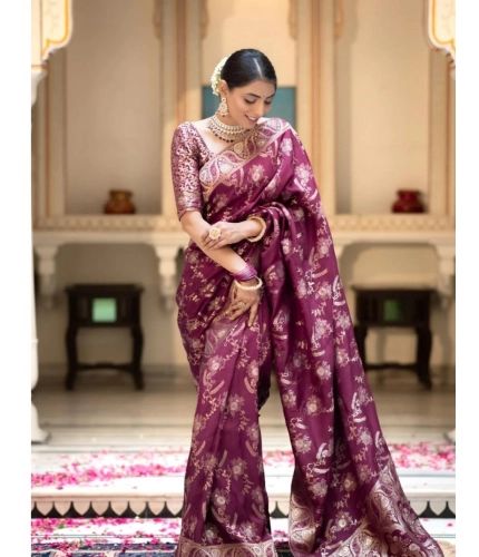Generic Women's Silk Printed Saree With Unstitched Blouse 5.5Mtr (Wine)