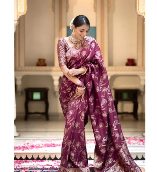 Generic Women's Silk Printed Saree With Unstitched Blouse 5.5Mtr (Wine)