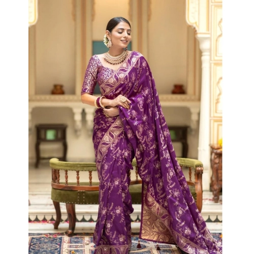 Women's Silk Printed Saree With Unstitched Blouse 5.5Mtr (Purple) Women's Silk Printed Saree With Unstitched Blouse 5.5Mtr (Purple)