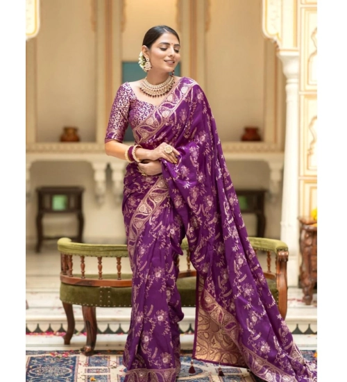 Generic Women's Silk Printed Saree With Unstitched Blouse 5.5Mtr (Purple)