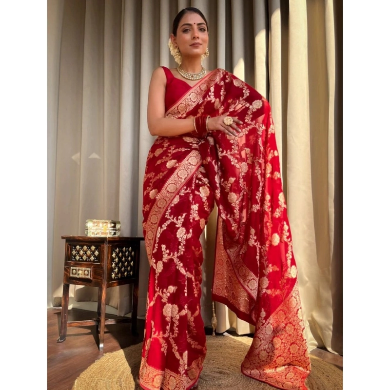 Women's Silk Printed Saree With Unstitched Blouse 5.5Mtr (Red) Women's Silk Printed Saree With Unstitched Blouse 5.5Mtr (Red)