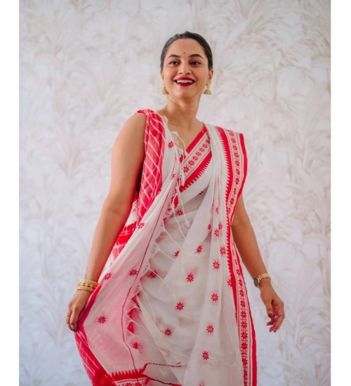 Generic Women's Cotton  Printed Saree With Unstitched Blouse 5.5Mtr (White-Pink)