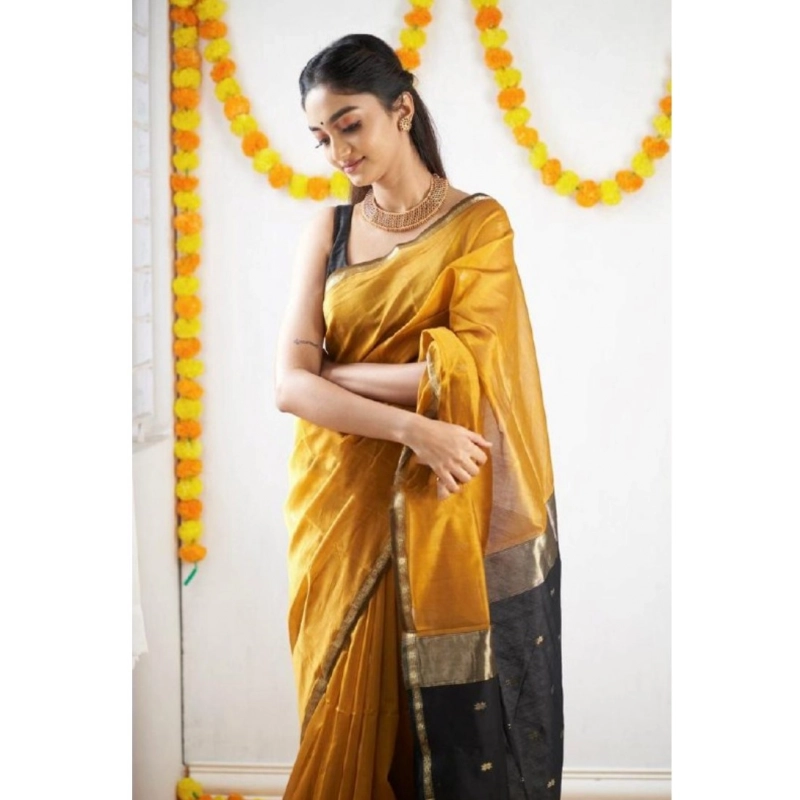 Women's Cotton  Printed Saree With Unstitched Blouse 5.5Mtr (Yellow)