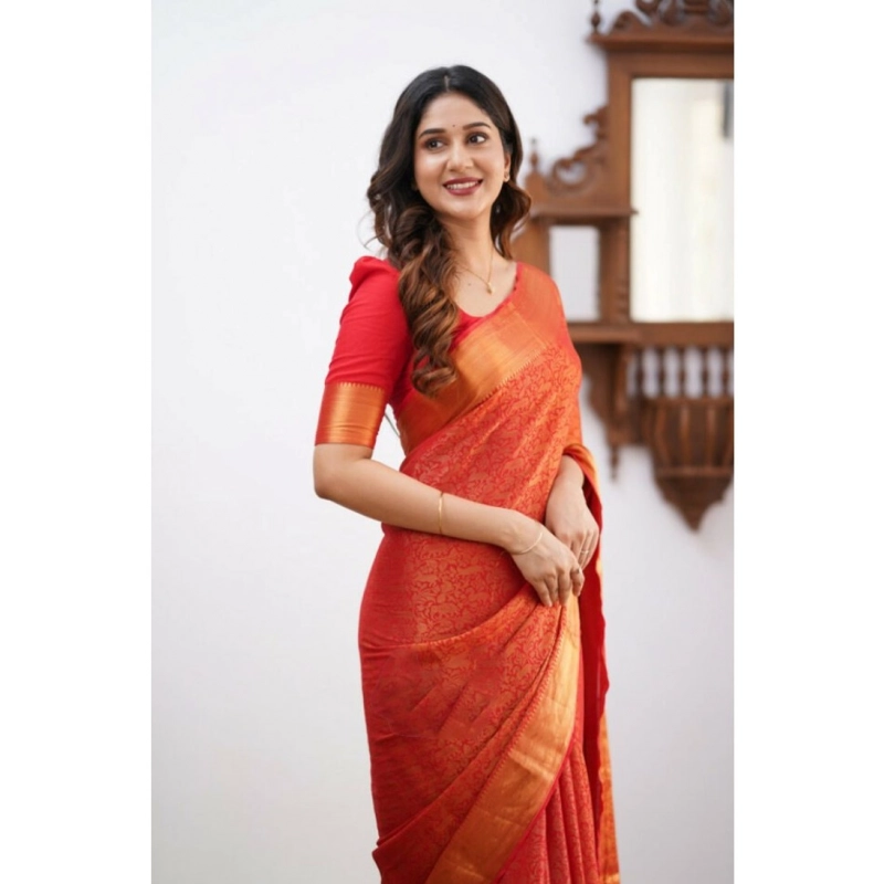 Women's Silk Printed Saree With Unstitched Blouse 5.5Mtr (Orange)