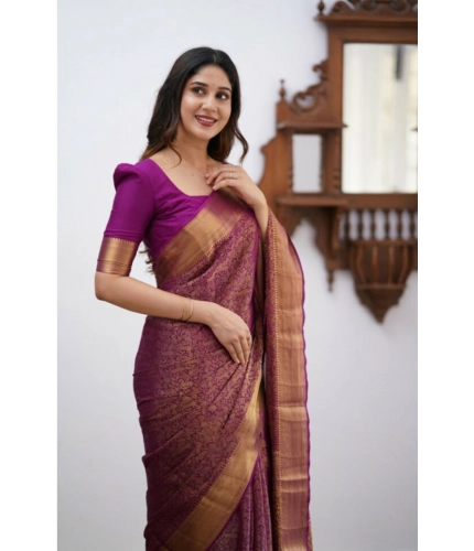 Generic Women's Silk Printed Saree With Unstitched Blouse 5.5Mtr (Wine)