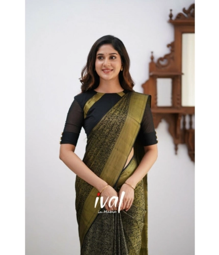 Generic Women's Silk Printed Saree With Unstitched Blouse 5.5Mtr (Black)