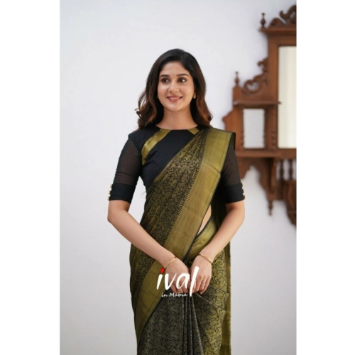 Women's Silk Printed Saree With Unstitched Blouse 5.5Mtr (Black)