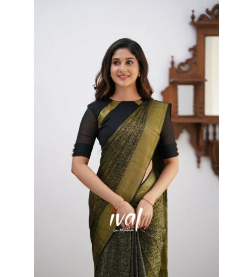 Generic Women's Silk Printed Saree With Unstitched Blouse 5.5Mtr (Black)