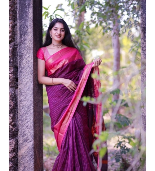 Generic Women's Silk Printed Saree With Unstitched Blouse 5.5Mtr (Purple)