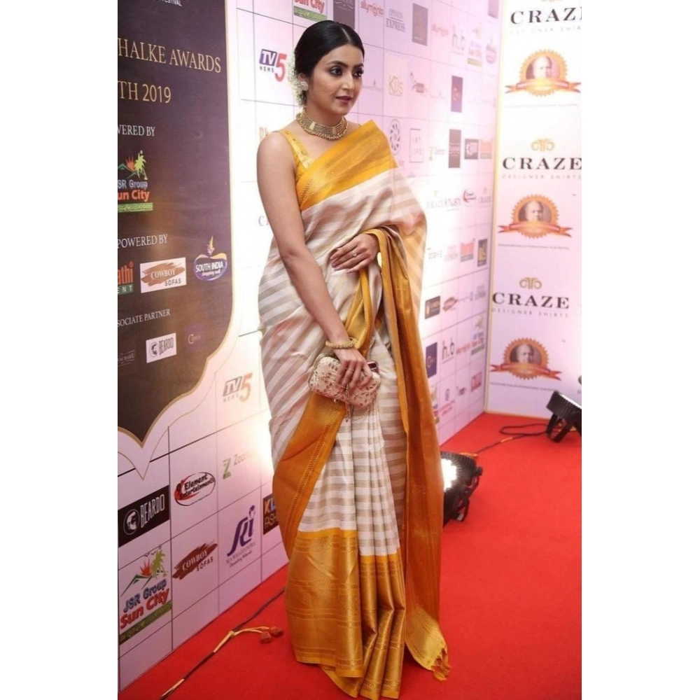 Generic Women's Silk Printed Saree With Unstitched Blouse 5.5Mtr (Off White-Yellow) Generic Women's Silk Printed Saree With Unstitched Blouse 5.5Mtr (Off White-Yellow)