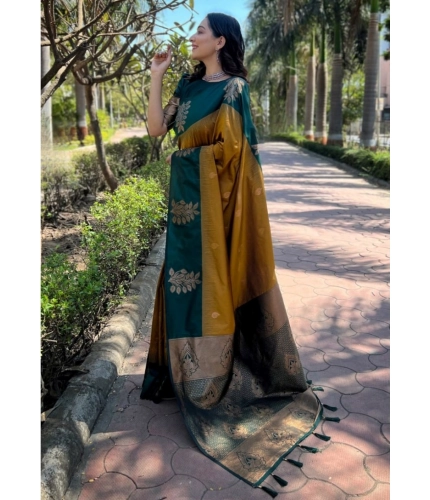 Generic Women's Silk Printed Saree With Unstitched Blouse 5.5Mtr (Yellow)