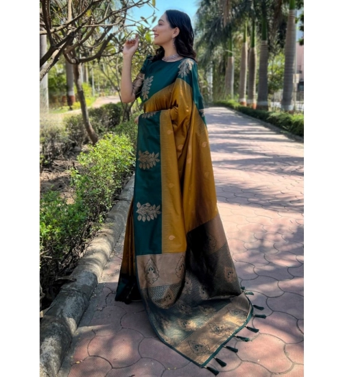 Generic Women's Silk Printed Saree With Unstitched Blouse 5.5Mtr (Yellow)