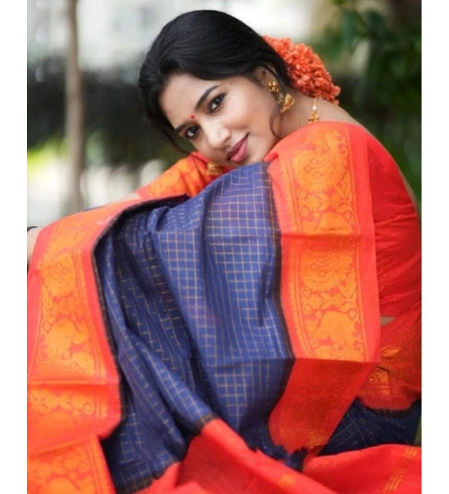 Generic Women's Silk Printed Saree With Unstitched Blouse 5.5Mtr (Blue)
