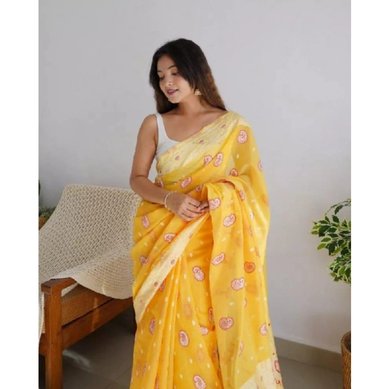 Women's Cotton  Printed Saree With Unstitched Blouse 5.5Mtr (Yellow)